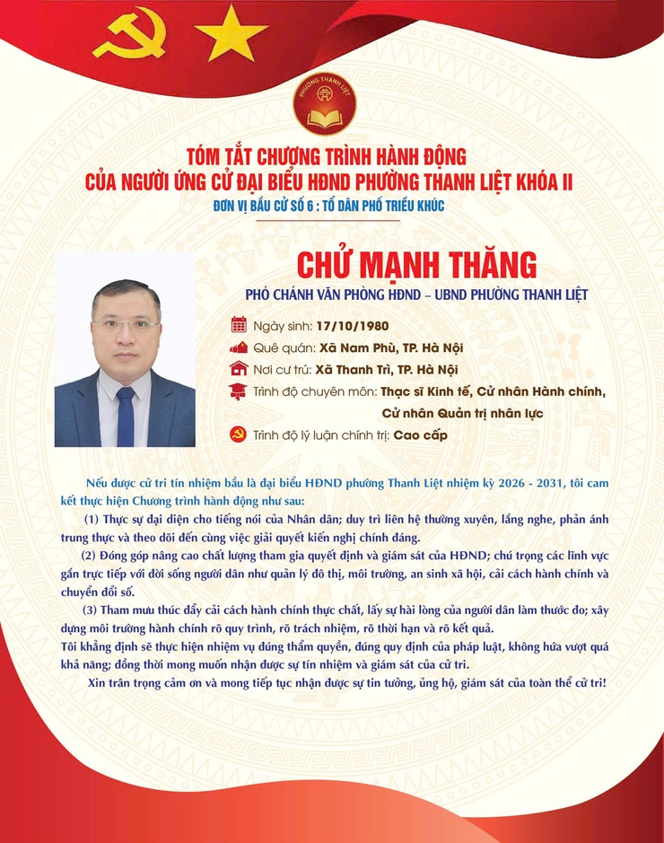 TÓM TẮT CHƯƠNG TRÌNH HÀNH ĐỘNG CỦA NGƯỜI THAM GIA ỨNG CỬ ĐẠI BIỂU HĐND PHƯỜNG THANH LIỆT KHÓA II NHIỆM KỲ 2026 - 2031, ĐƠN VỊ BẦU CỬ SỐ 06 - TỔ DÂN PHỐ TRIỀU KHÚC- Ảnh 7.
