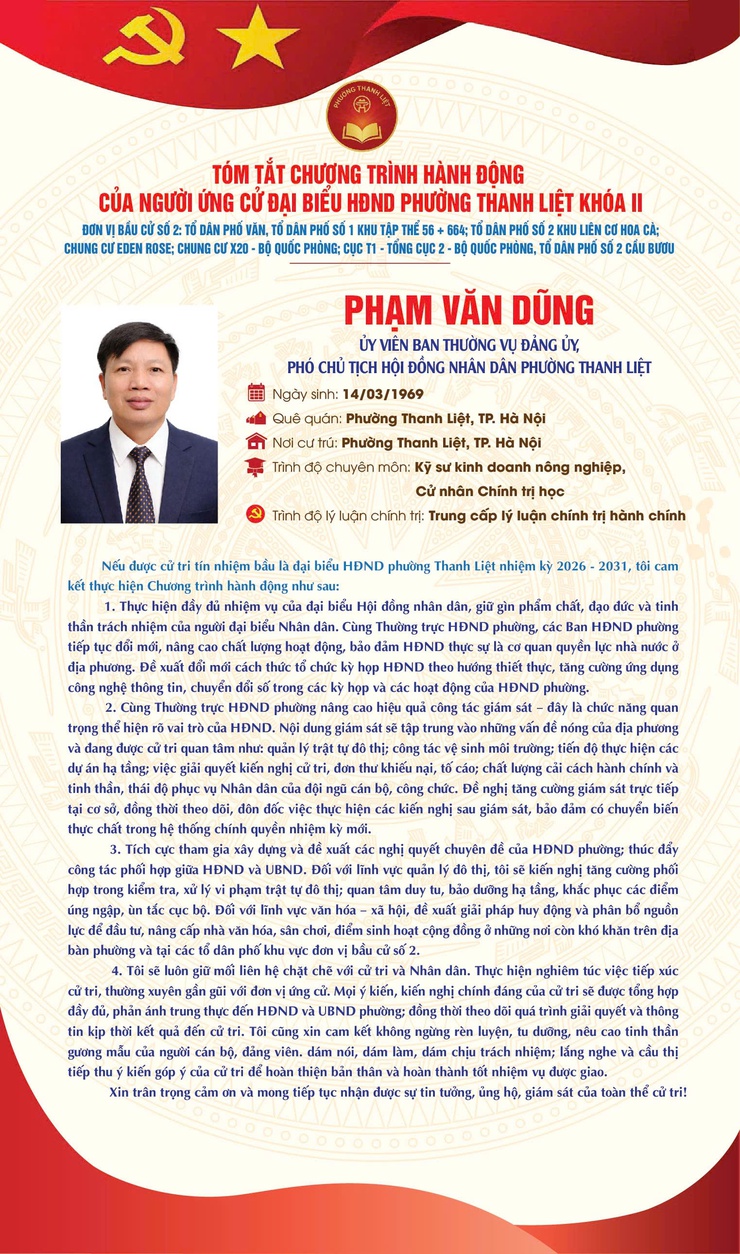 TÓM TẮT CHƯƠNG TRÌNH HÀNH ĐỘNG CỦA NGƯỜI THAM GIA ỨNG CỬ ĐẠI BIỂU HĐND PHƯỜNG THANH LIỆT KHÓA II NHIỆM KỲ 2026 - 2031- Ảnh 3.