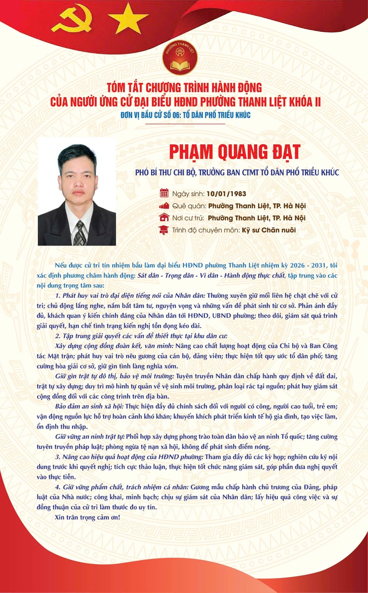 TÓM TẮT CHƯƠNG TRÌNH HÀNH ĐỘNG CỦA NGƯỜI THAM GIA ỨNG CỬ ĐẠI BIỂU HĐND PHƯỜNG THANH LIỆT KHÓA II NHIỆM KỲ 2026 - 2031, ĐƠN VỊ BẦU CỬ SỐ 06 - TỔ DÂN PHỐ TRIỀU KHÚC- Ảnh 3.