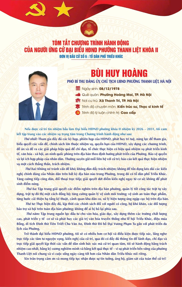 TÓM TẮT CHƯƠNG TRÌNH HÀNH ĐỘNG CỦA NGƯỜI THAM GIA ỨNG CỬ ĐẠI BIỂU HĐND PHƯỜNG THANH LIỆT KHÓA II NHIỆM KỲ 2026 - 2031, ĐƠN VỊ BẦU CỬ SỐ 06 - TỔ DÂN PHỐ TRIỀU KHÚC- Ảnh 5.