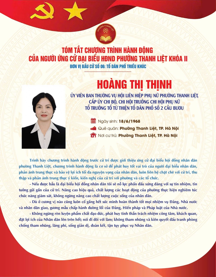 TÓM TẮT CHƯƠNG TRÌNH HÀNH ĐỘNG CỦA NGƯỜI THAM GIA ỨNG CỬ ĐẠI BIỂU HĐND PHƯỜNG THANH LIỆT KHÓA II NHIỆM KỲ 2026 - 2031, ĐƠN VỊ BẦU CỬ SỐ 06 - TỔ DÂN PHỐ TRIỀU KHÚC- Ảnh 9.