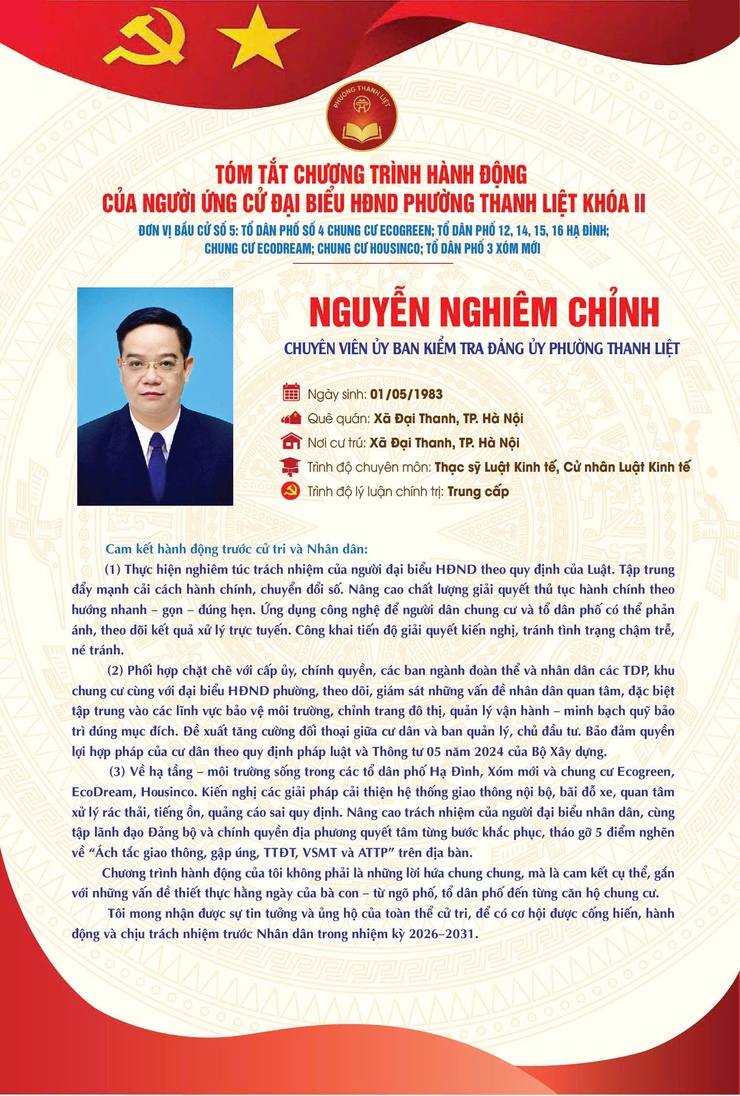 TÓM TẮT CHƯƠNG TRÌNH HÀNH ĐỘNG CỦA NGƯỜI THAM GIA ỨNG CỬ ĐẠI BIỂU HĐND PHƯỜNG THANH LIỆT KHÓA II NHIỆM KỲ 2026 - 2031- Ảnh 2.