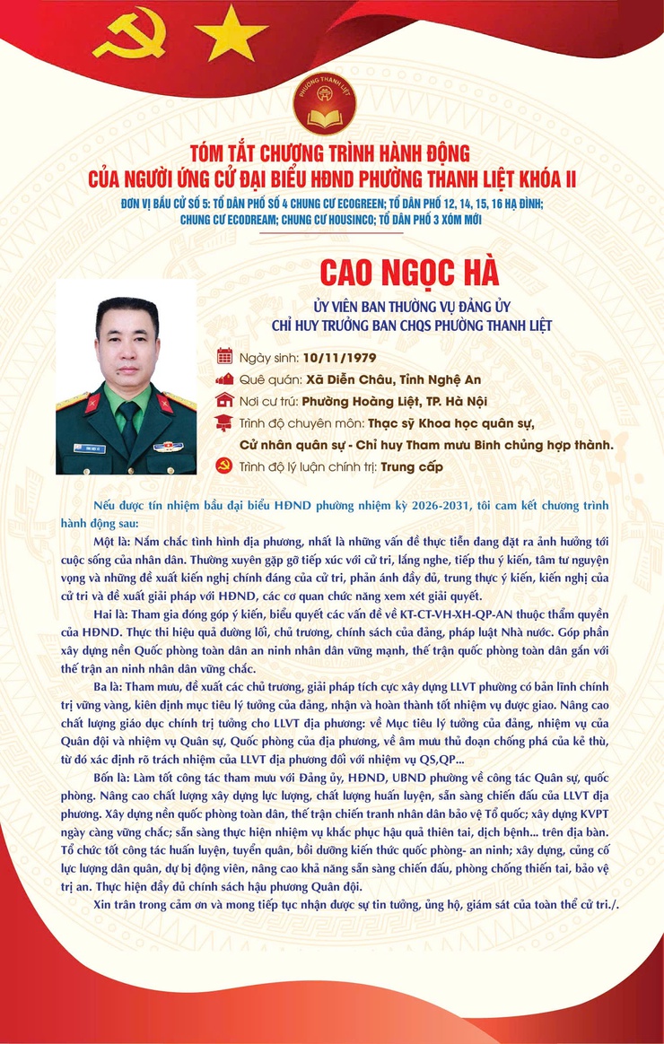 TÓM TẮT CHƯƠNG TRÌNH HÀNH ĐỘNG CỦA NGƯỜI THAM GIA ỨNG CỬ ĐẠI BIỂU HĐND PHƯỜNG THANH LIỆT KHÓA II NHIỆM KỲ 2026 - 2031- Ảnh 3.