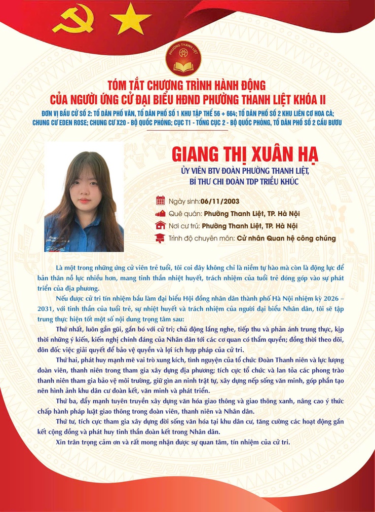 TÓM TẮT CHƯƠNG TRÌNH HÀNH ĐỘNG CỦA NGƯỜI THAM GIA ỨNG CỬ ĐẠI BIỂU HĐND PHƯỜNG THANH LIỆT KHÓA II NHIỆM KỲ 2026 - 2031- Ảnh 4.