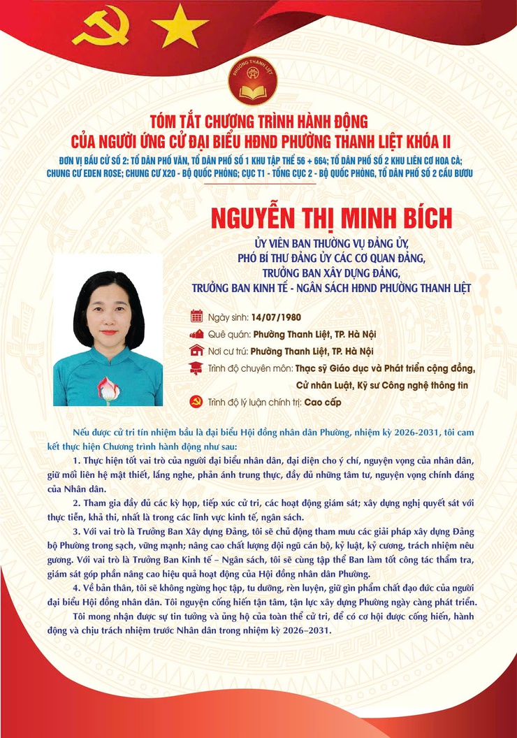 TÓM TẮT CHƯƠNG TRÌNH HÀNH ĐỘNG CỦA NGƯỜI THAM GIA ỨNG CỬ ĐẠI BIỂU HĐND PHƯỜNG THANH LIỆT KHÓA II NHIỆM KỲ 2026 - 2031- Ảnh 2.