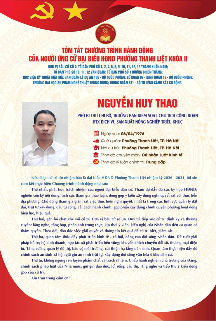 TÓM TẮT CHƯƠNG TRÌNH HÀNH ĐỘNG CỦA NGƯỜI THAM GIA ỨNG CỬ ĐẠI BIỂU HĐND PHƯỜNG THANH LIỆT KHÓA II NHIỆM KỲ 2026 - 2031- Ảnh 7.