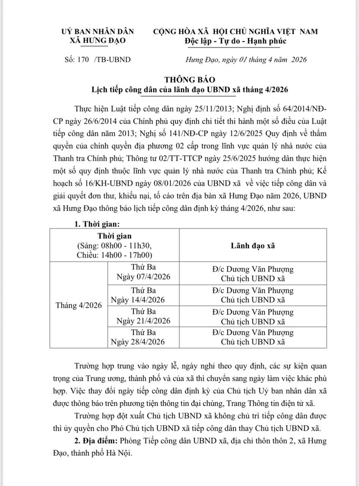 THÔNG BÁO
Lịch tiếp công dân của lãnh đạo UBND xã tháng 4/2026- Ảnh 1.