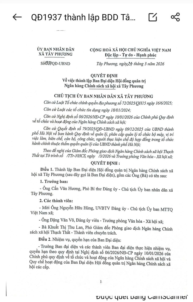 Xã Tây Phương Quyết định Về việc thành lập Ban Đại diện Hội đồng quản trị Ngân hàng Chính sách xã hội xã - Ảnh 2.