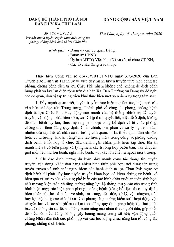 Đảng ủy xã Thư Lâm ban hành Công văn số 176-CV/ĐU V/v đẩy mạnh tuyên truyền thực hiện công tác phòng, chống bệnh dịch tả lợn Châu phi- Ảnh 1.