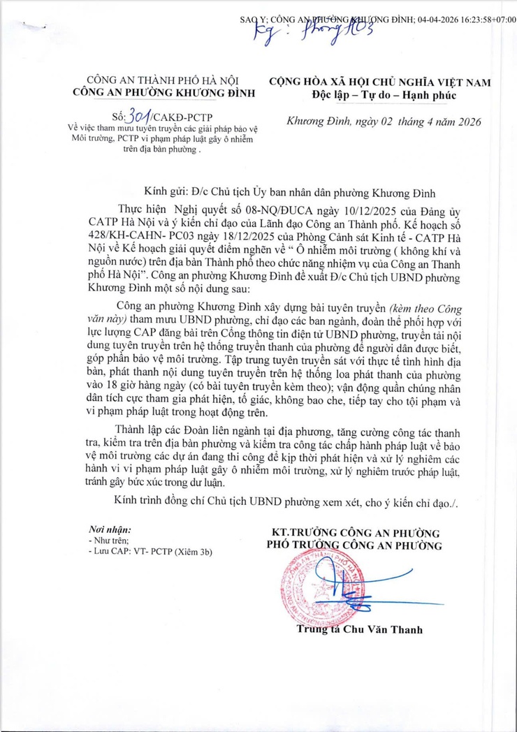 Công an phường Khương Đình tuyên truyền các giải pháp bảo vệ Môi trường, PCTP vi phạm pháp luật gây ô nhiễm trên địa bàn địa phương- Ảnh 1.