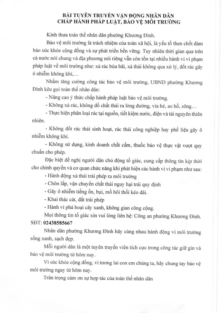Công an phường Khương Đình tuyên truyền các giải pháp bảo vệ Môi trường, PCTP vi phạm pháp luật gây ô nhiễm trên địa bàn địa phương- Ảnh 2.
