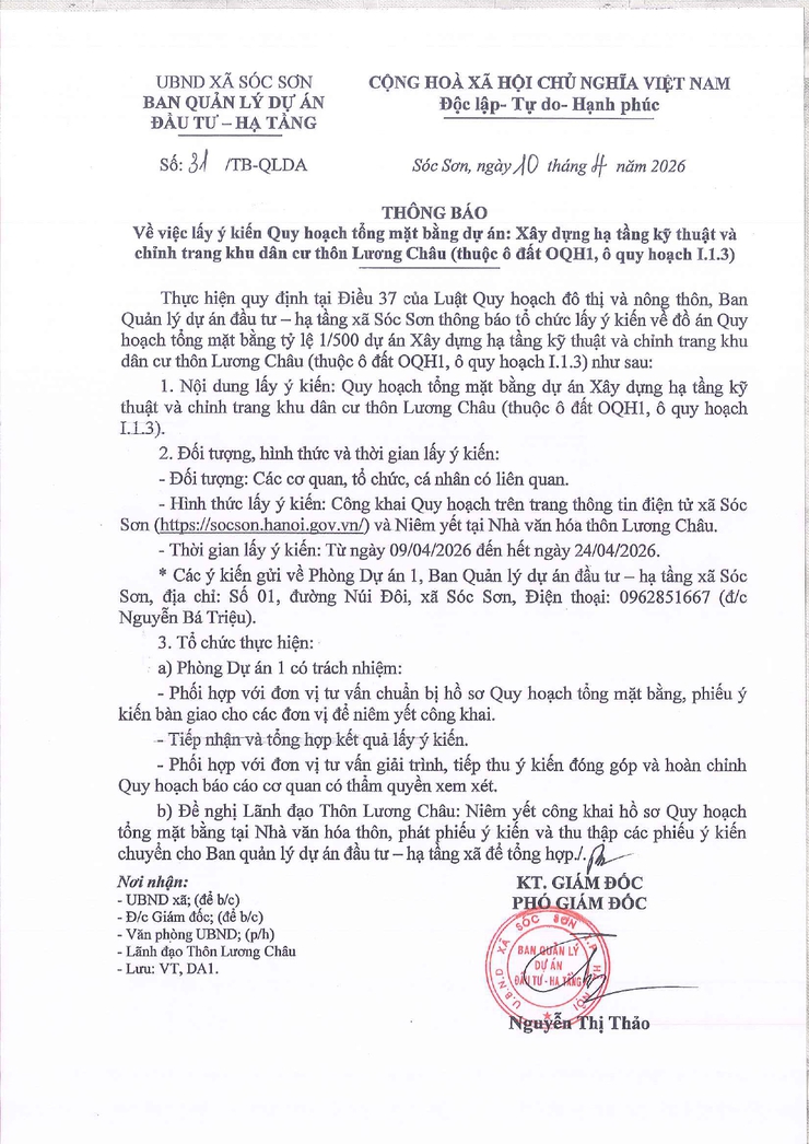Thông báo lấy ý kiến Quy hoạch tổng mặt bằng dự án: Xây dựng hạ tầng kỹ thuật và chỉnh trang khu dân cư thôn Lương Châu (thuộc ô đât OQH1, ô quy hoạch I.1.3)- Ảnh 1.