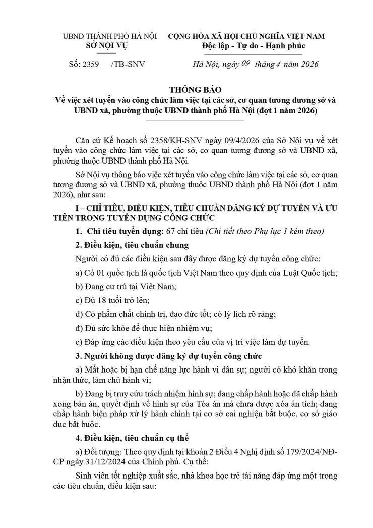 Thông báo về việc xét tuyển vào công chức làm việc tại các sở, cơ quan tương đương sở và Ủy ban nhân dân xã, phường thuộc Ủy ban Nhân dân thành phố Hà Nội (đợt 1 năm 2026)- Ảnh 1.