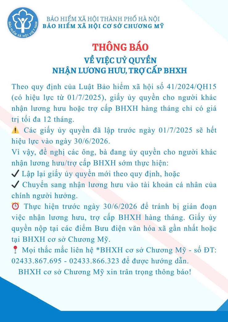 Thông báo về việc ủy quyền nhận lương hưu, trợ cấp BHXH- Ảnh 1.