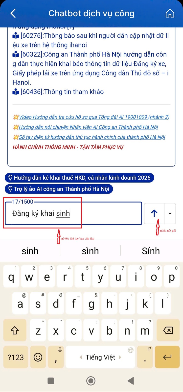 Hướng dẫn sử dụng Chatbot Dịch vụ công trên ứng dụng iHanoi- Ảnh 4.