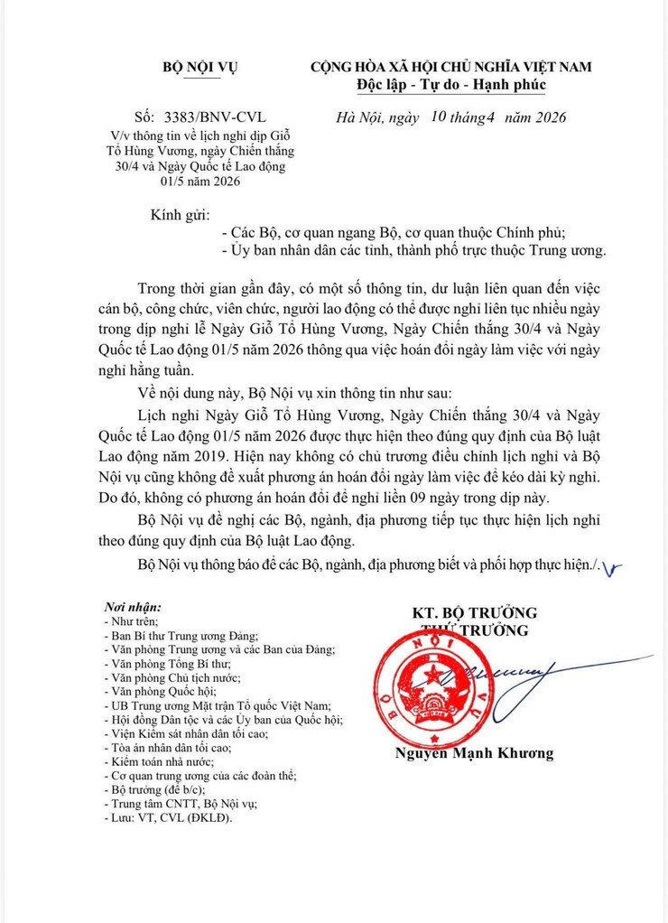 Toàn văn Công văn 3383/BNV-CVL lịch nghỉ Giỗ Tổ và 30/4 - 01/5 năm 2026 của Bộ Nội vụ- Ảnh 1.