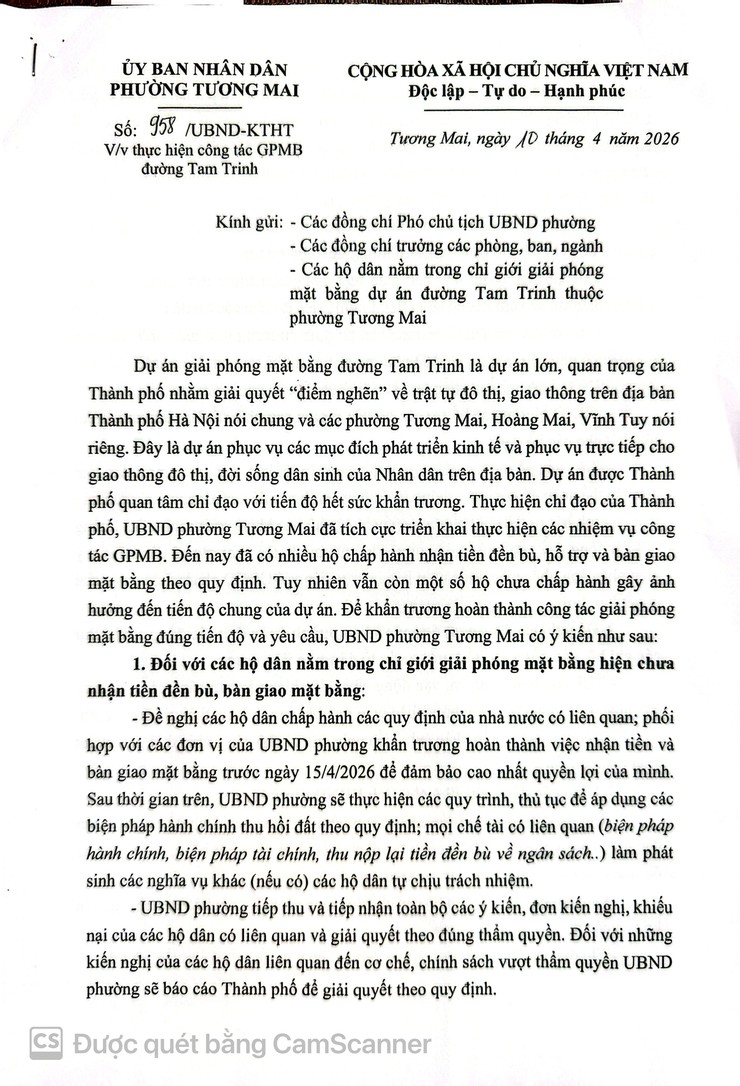 UBND phường Tương Mai ban hành Công văn số 958/UBND-KTHT ngày 10/4/2026 về việc thực hiện công tác giải phóng mặt bằng đường Tam Trinh - Ảnh 1.