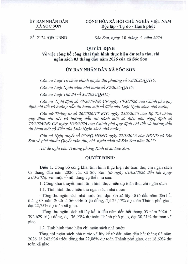 CÔNG KHAI TÌNH HÌNH THỰC HIỆN DỰ TOÁN THU, CHI NGÂN SÁCH 03 THÁNG ĐẦU NĂM 2026- Ảnh 1.