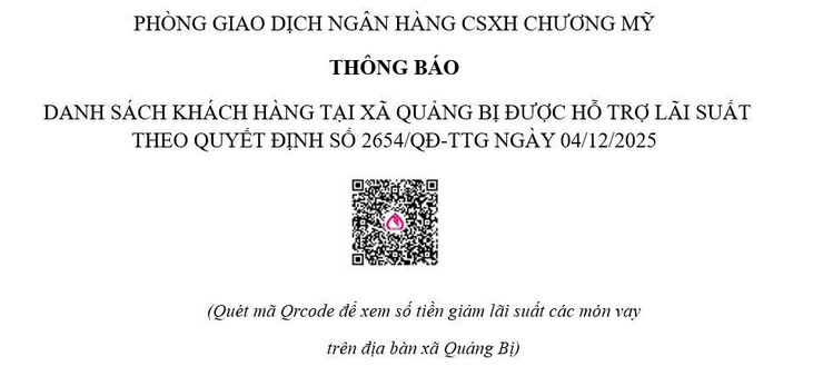 PHÒNG GIAO DỊCH NGÂN HÀNG CSXH CHƯƠNG MỸ
THÔNG BÁO DANH SÁCH KHÁCH HÀNG TẠI XÃ QUẢNG BỊ ĐƯỢC HỖ TRỢ LÃI SUẤT THEO QUYẾT ĐỊNH SỐ 2654/QĐ-TTG NGÀY 04/12/2025
- Ảnh 1.