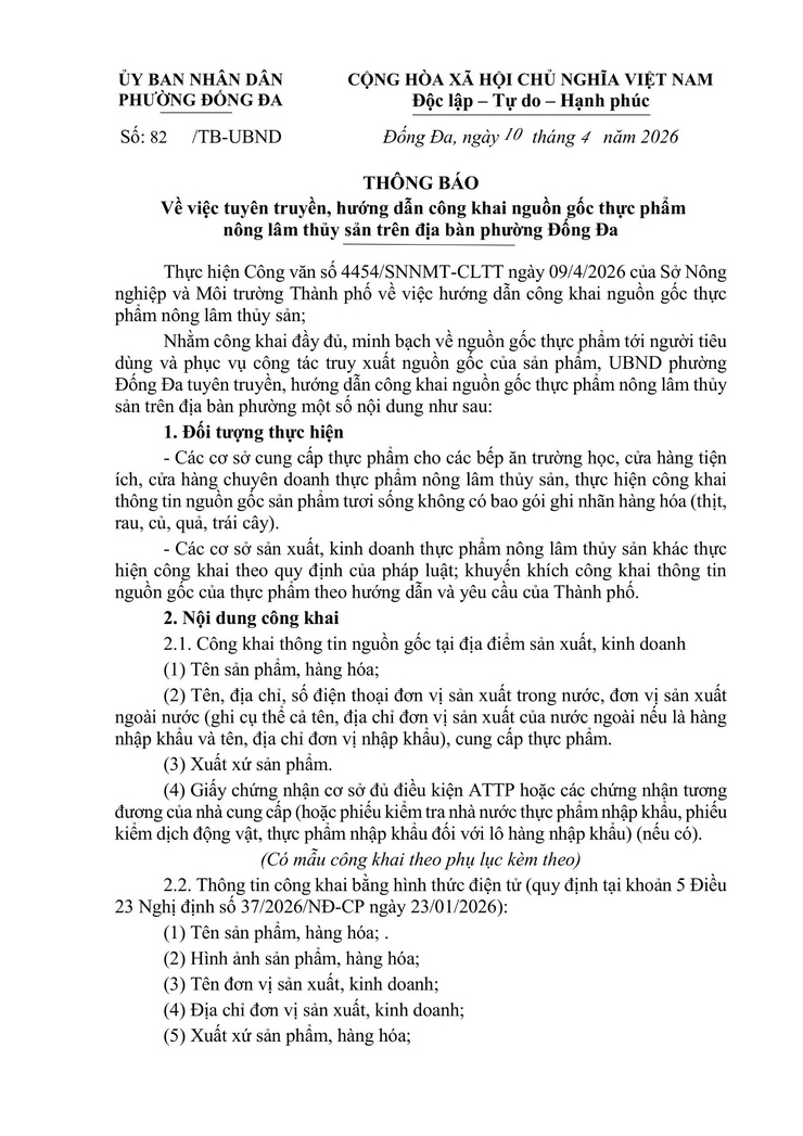 Thông báo về việc Tuyên truyền, hướng dẫn công khai nguồn gốc thực phẩm nông lâm thủy sản trên địa bàn phường Đống Đa- Ảnh 1.