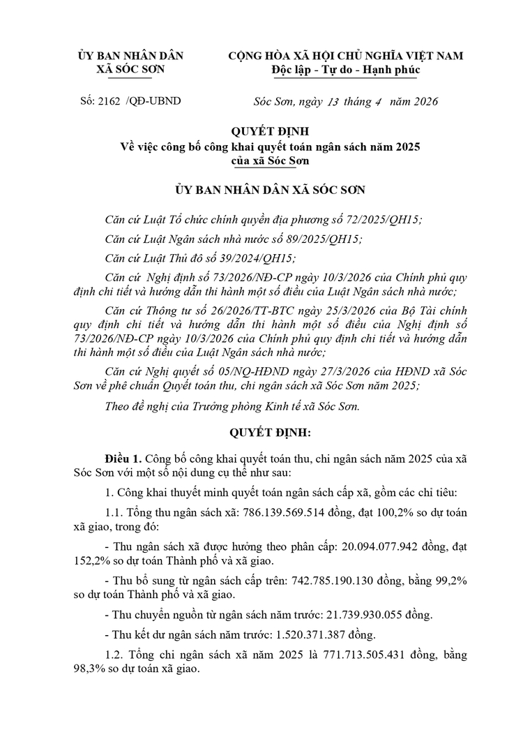 Xã Sóc Sơn công khai quyết toán ngân sách năm 2025- Ảnh 1.