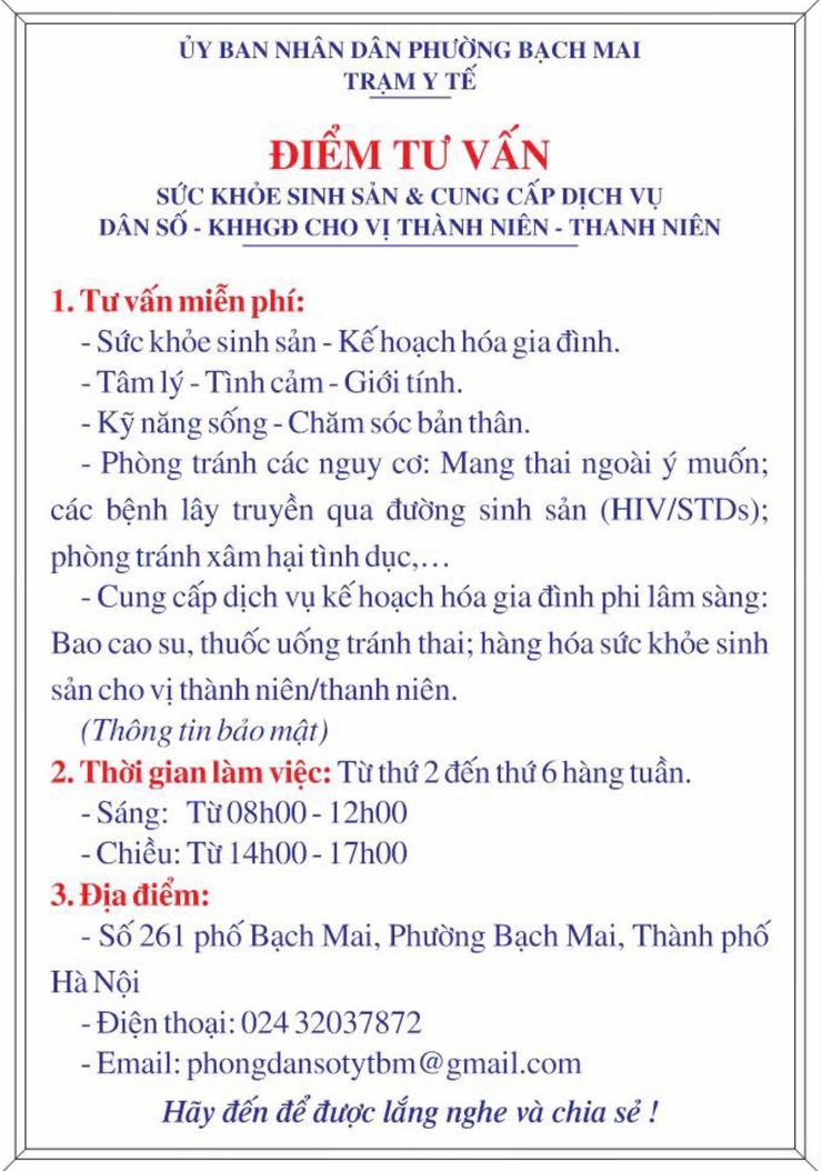 Điểm tư vấn sức khoẻ sinh sản và cung cấp dịch vụ dân số - KHHGD cho vị thành niên, thanh niên- Ảnh 1.