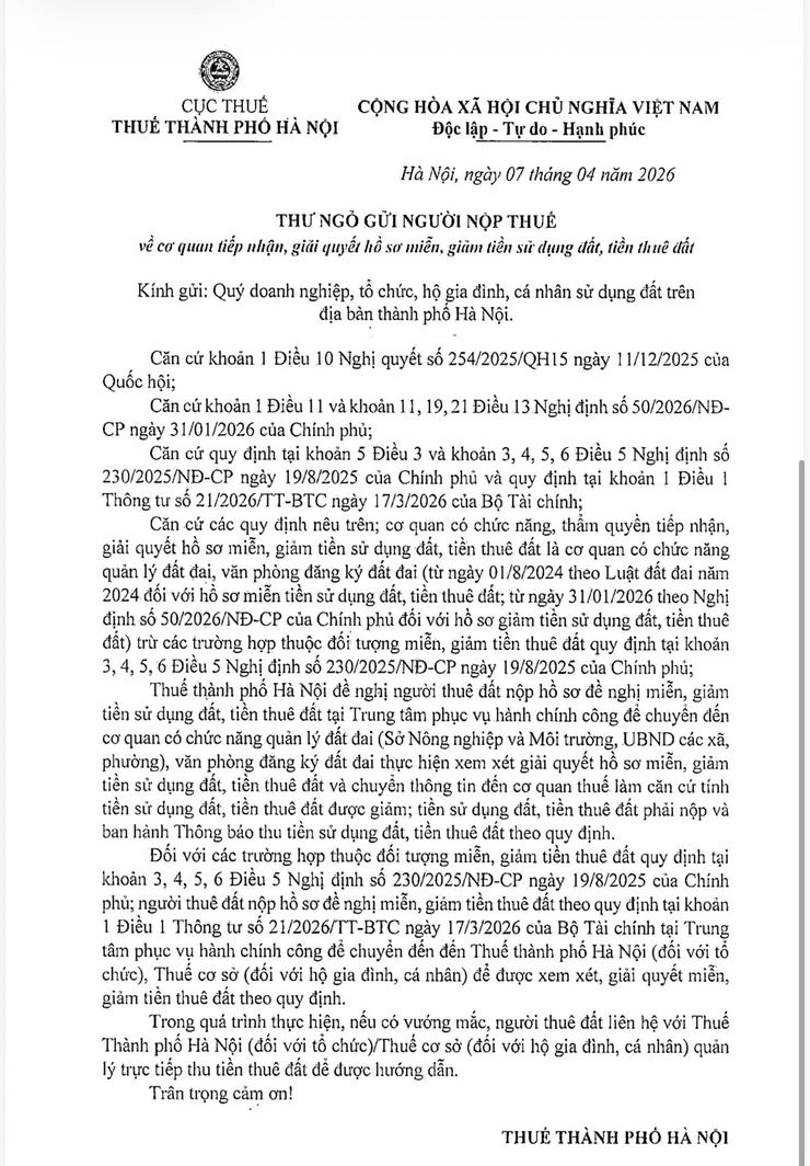 Tuyên truyền thư ngỏ gửi NNT về cơ quan tiếp nhận giải quyết hồ sơ miễn giảm tiền sử dụng đất, tiền thuê đất- Ảnh 1.