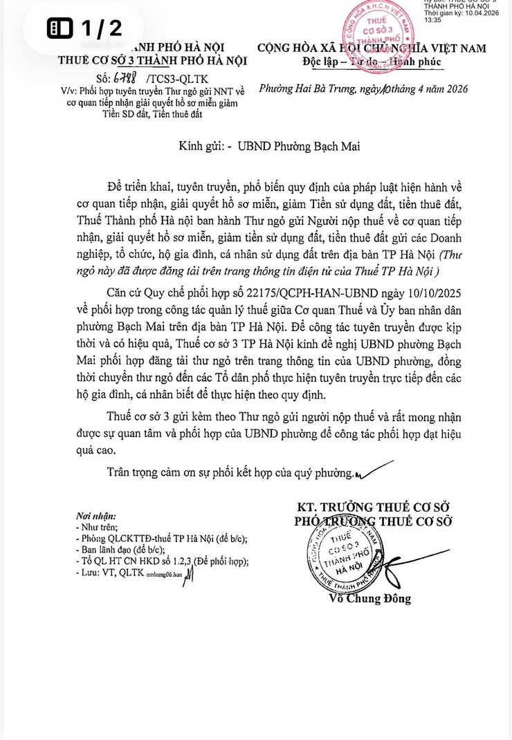 Tuyên truyền thư ngỏ gửi NNT về cơ quan tiếp nhận giải quyết hồ sơ miễn giảm tiền sử dụng đất, tiền thuê đất- Ảnh 2.