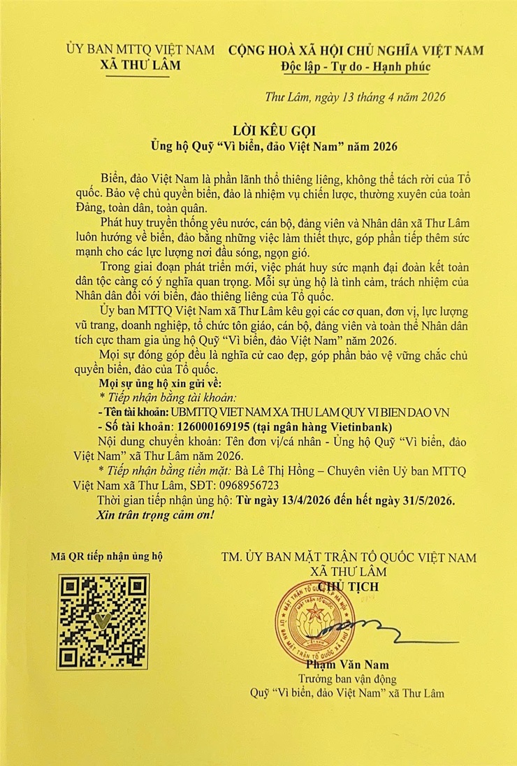 XÃ THƯ LÂM KÊU GỌI ỦNG HỘ QUỸ “VÌ BIỂN, ĐẢO VIỆT NAM” NĂM 2026
- Ảnh 1.