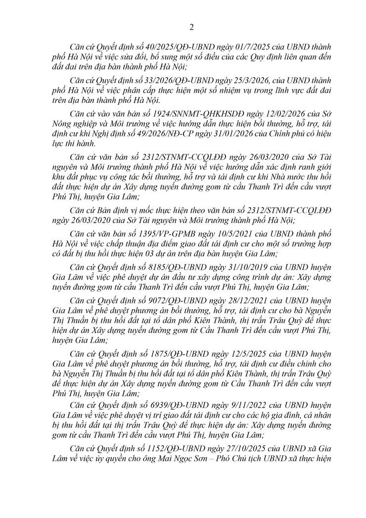 Công khai Quyết định của UBND xã Gia Lâm về việc giao đất tái định cư cho bà Nguyễn Thị Thuần khi giải phóng mặt bằng thực hiện dự án Xây dựng tuyến đường gom từ cầu Thanh Trì đến cầu vượt Phú Thị, huyện Gia Lâm- Ảnh 2.