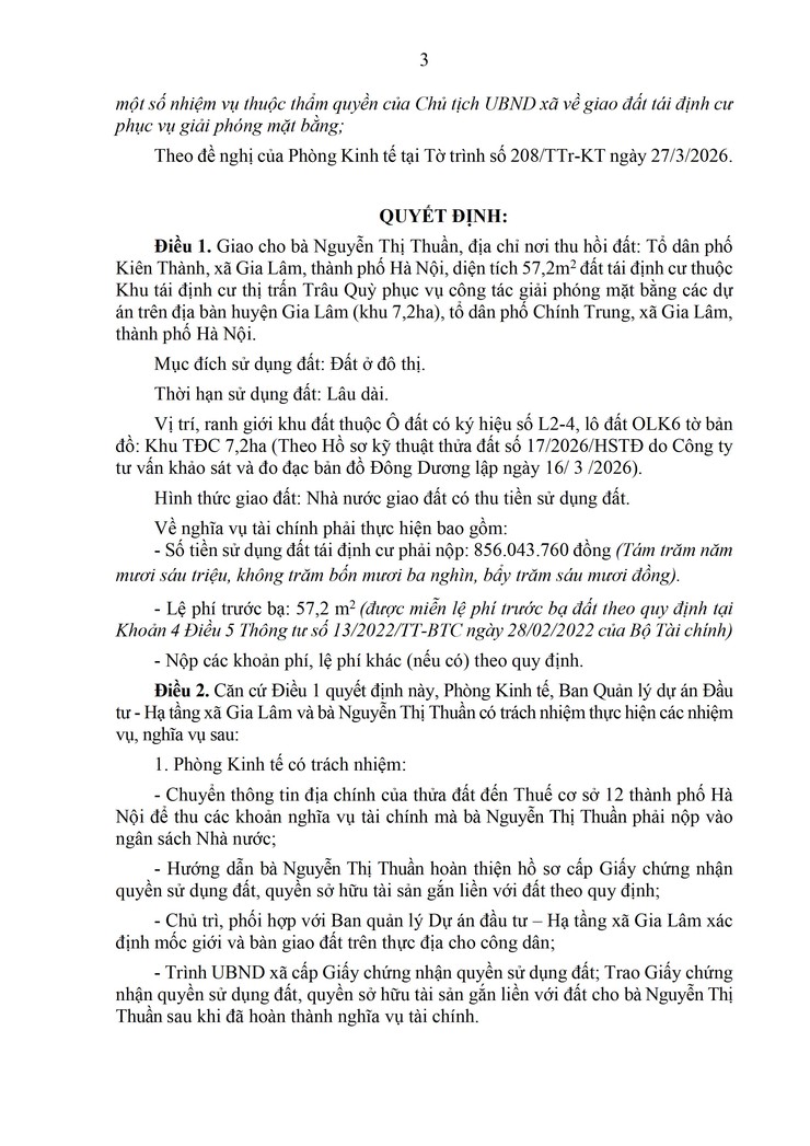 Công khai Quyết định của UBND xã Gia Lâm về việc giao đất tái định cư cho bà Nguyễn Thị Thuần khi giải phóng mặt bằng thực hiện dự án Xây dựng tuyến đường gom từ cầu Thanh Trì đến cầu vượt Phú Thị, huyện Gia Lâm- Ảnh 3.