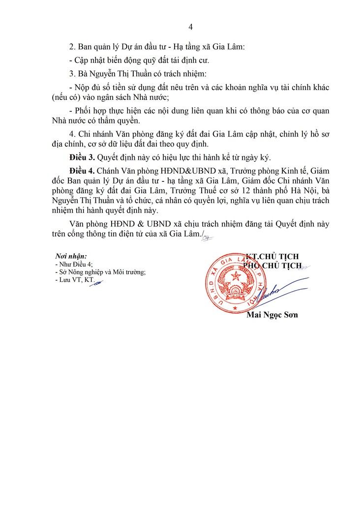 Công khai Quyết định của UBND xã Gia Lâm về việc giao đất tái định cư cho bà Nguyễn Thị Thuần khi giải phóng mặt bằng thực hiện dự án Xây dựng tuyến đường gom từ cầu Thanh Trì đến cầu vượt Phú Thị, huyện Gia Lâm- Ảnh 4.