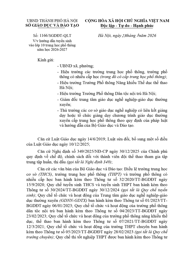 Công văn về việc hướng dẫn tuyển sinh vào lớp 10 năm học 2026-2027- Ảnh 1.