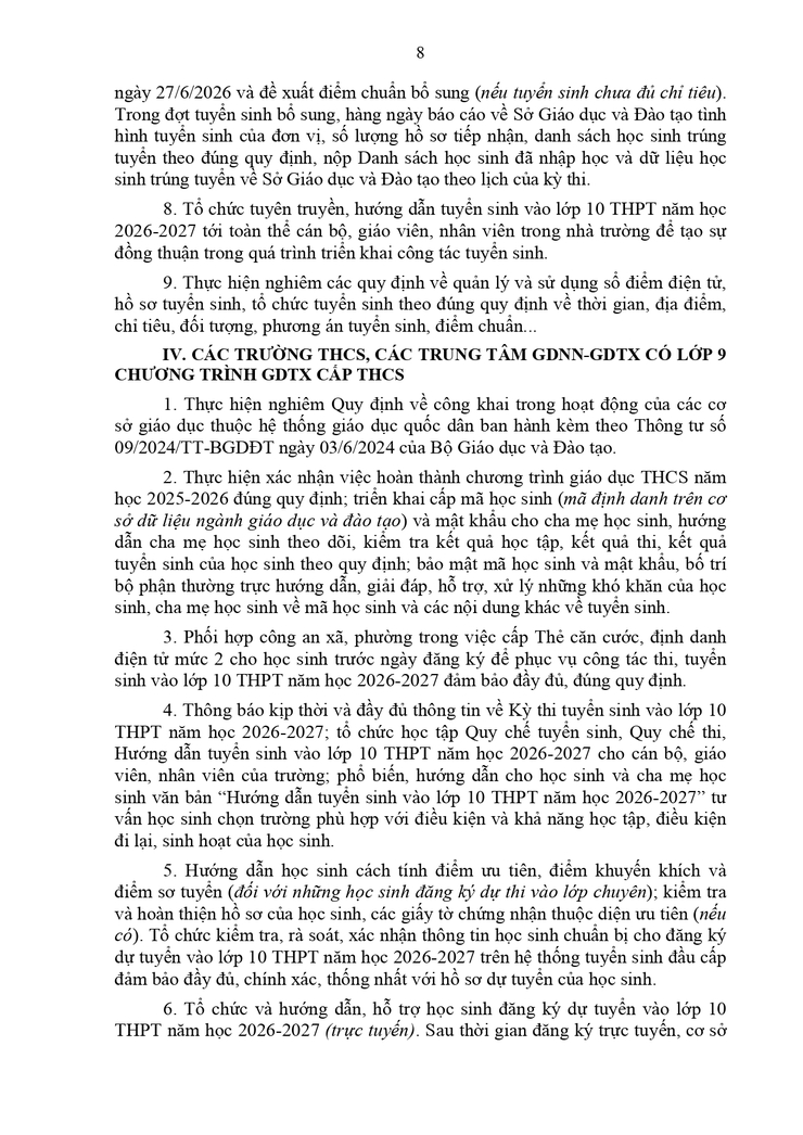 Công văn về việc hướng dẫn tuyển sinh vào lớp 10 năm học 2026-2027- Ảnh 8.