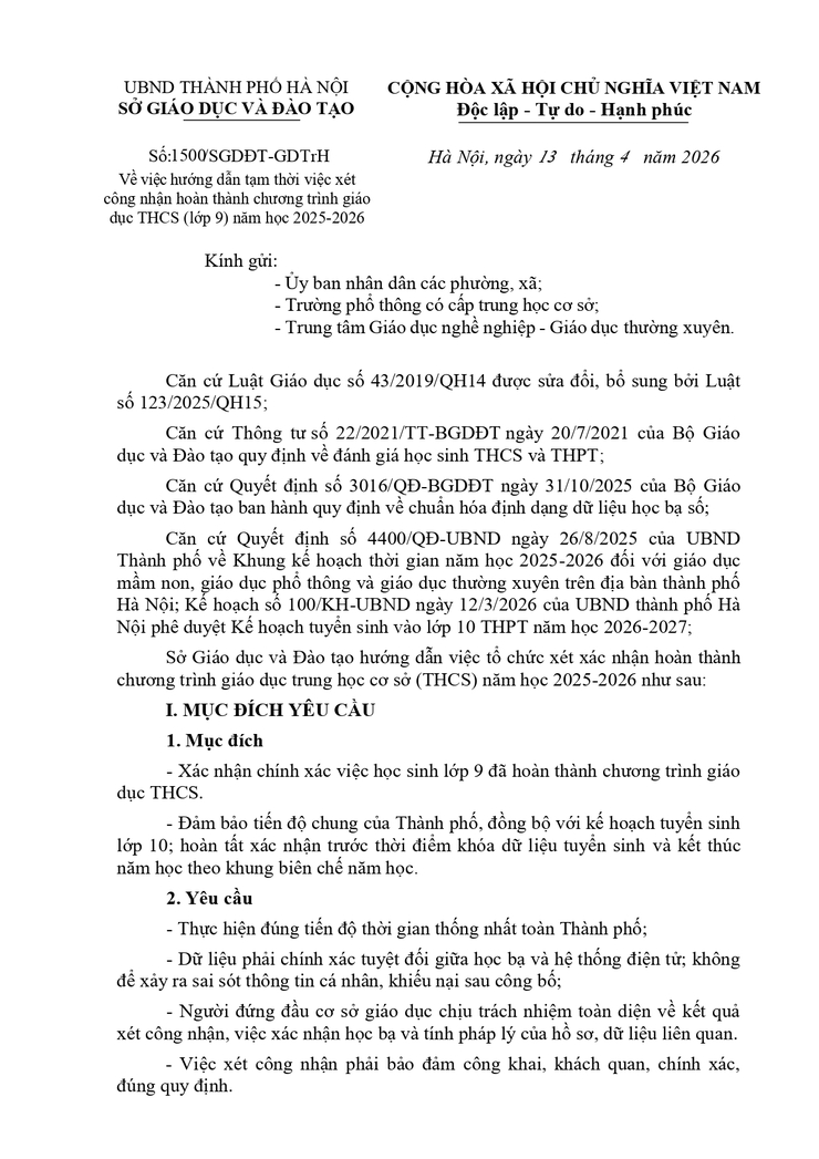 Công văn hướng dẫn về việc công nhận haonf thành chương trình giáo dục cấp THCS - Ảnh 1.