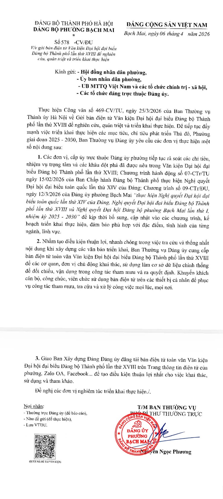 Công văn số 578-CV/ĐU về việc gửi bản điện tử văn kiện Đại hội đại biểu Đảng bộ Thành phố lần thứ XVIII để nghiên cứu, quán triệt và triển khai thực hiện- Ảnh 1.