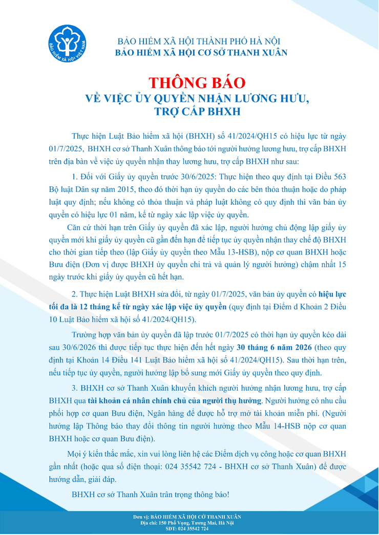 Thông báo về việc ủy quyền nhận lương hưu, trợ cấp bảo hiểm xã hội
- Ảnh 1.