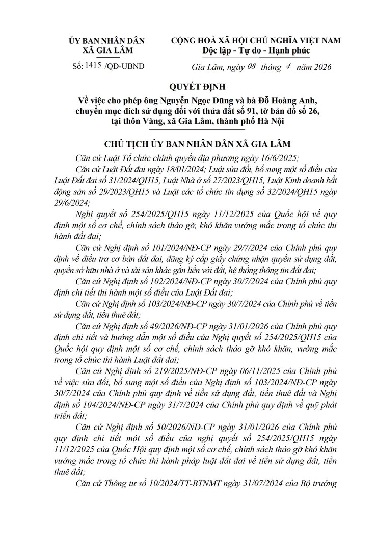 Công khai Quyết định của UBND xã Gia Lâm về việc cho phép chuyển mục đích tại thửa đất số 91, tờ bản đồ số 26, cho ông Nguyễn Ngọc Dũng và bà Đỗ Hoàng Anh, địa chỉ thửa đất: thôn Vàng, xã Gia Lâm.- Ảnh 1.