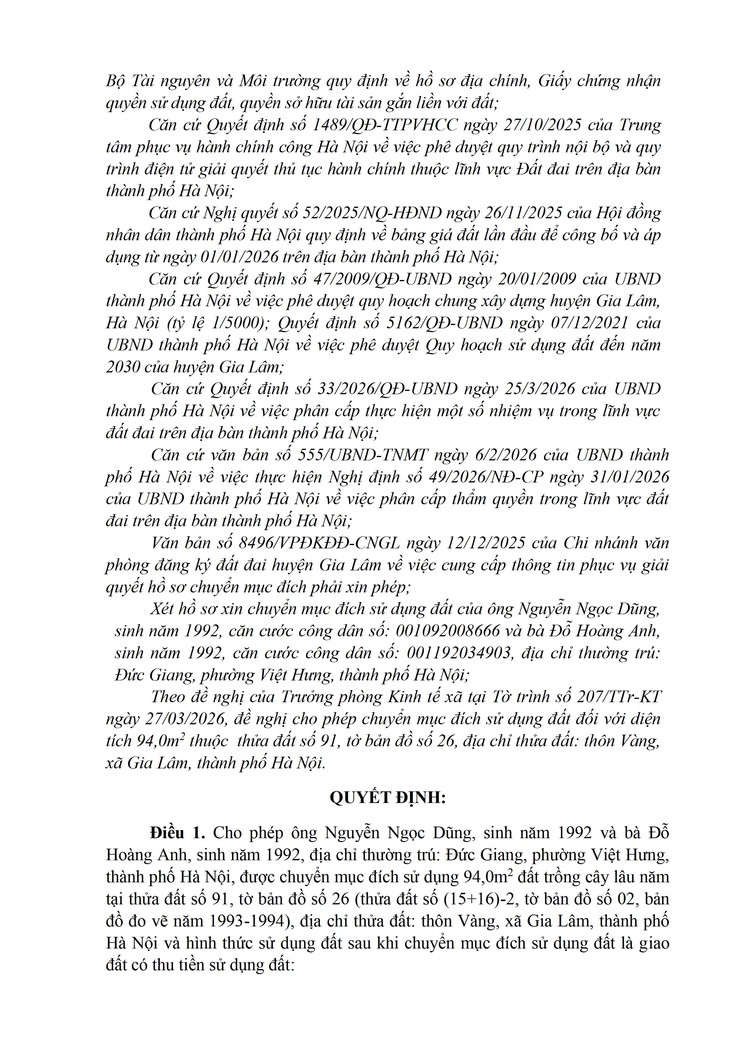 Công khai Quyết định của UBND xã Gia Lâm về việc cho phép chuyển mục đích tại thửa đất số 91, tờ bản đồ số 26, cho ông Nguyễn Ngọc Dũng và bà Đỗ Hoàng Anh, địa chỉ thửa đất: thôn Vàng, xã Gia Lâm.- Ảnh 2.