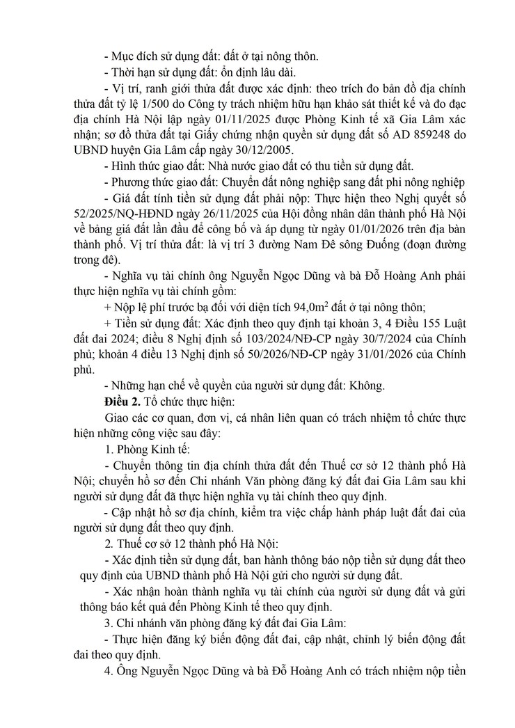 Công khai Quyết định của UBND xã Gia Lâm về việc cho phép chuyển mục đích tại thửa đất số 91, tờ bản đồ số 26, cho ông Nguyễn Ngọc Dũng và bà Đỗ Hoàng Anh, địa chỉ thửa đất: thôn Vàng, xã Gia Lâm.- Ảnh 3.