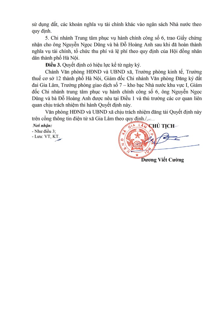 Công khai Quyết định của UBND xã Gia Lâm về việc cho phép chuyển mục đích tại thửa đất số 91, tờ bản đồ số 26, cho ông Nguyễn Ngọc Dũng và bà Đỗ Hoàng Anh, địa chỉ thửa đất: thôn Vàng, xã Gia Lâm.- Ảnh 4.