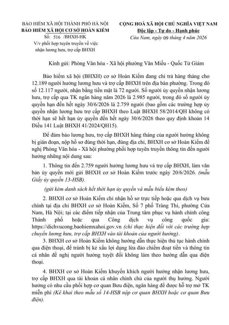 UBND PHƯỜNG VĂN MIẾU – QUỐC TỬ GIÁM TUYÊN TRUYỀN VỀ VIỆC NHẬN LƯƠNG HƯU, TRỢ CẤP BHXH ĐÚNG QUY ĐỊNH, KHÔNG GIÁN ĐOẠN- Ảnh 1.