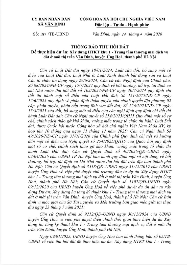 Thông báo thu hồi đất để thực hiện dự án: Xây dựng HTKT khu 1 - Trung tâm thương mại dịch vụ đất ở mới thị trấn Vân Đình, huyện Ứng Hoà, thành phố Hà Nội- Ảnh 1.