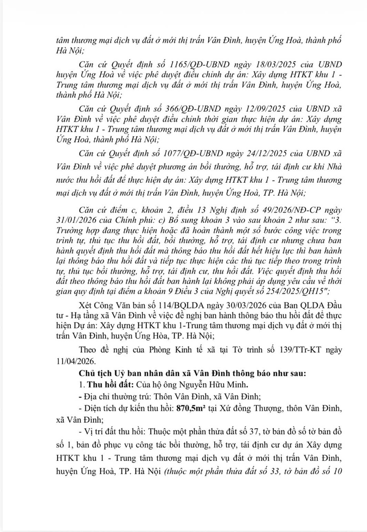 Thông báo thu hồi đất để thực hiện dự án: Xây dựng HTKT khu 1 - Trung tâm thương mại dịch vụ đất ở mới thị trấn Vân Đình, huyện Ứng Hoà, thành phố Hà Nội- Ảnh 2.