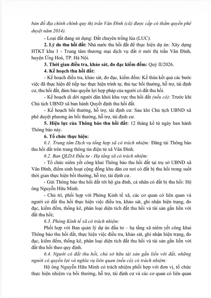 Thông báo thu hồi đất để thực hiện dự án: Xây dựng HTKT khu 1 - Trung tâm thương mại dịch vụ đất ở mới thị trấn Vân Đình, huyện Ứng Hoà, thành phố Hà Nội- Ảnh 3.