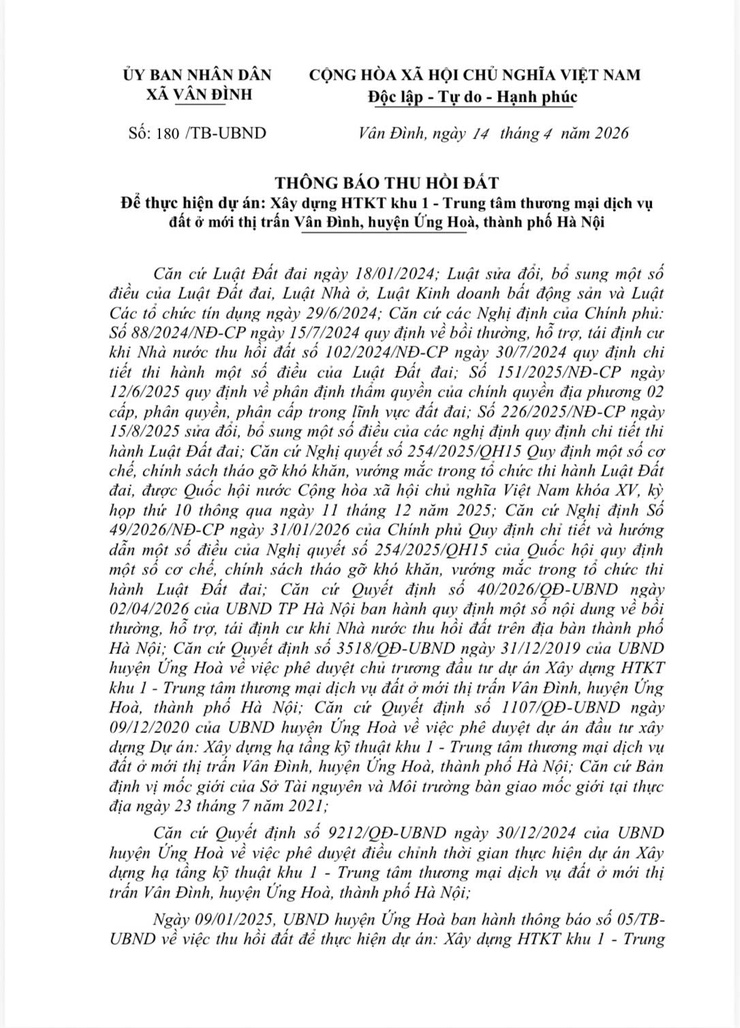 Thông báo thu hồi đất để thực hiện dự án: Xây dựng HTKT khu 1 - Trung tâm thương mại dịch vụ đất ở mới thị trấn Vân Đình, huyện Ứng Hoà, thành phố Hà Nội- Ảnh 1.