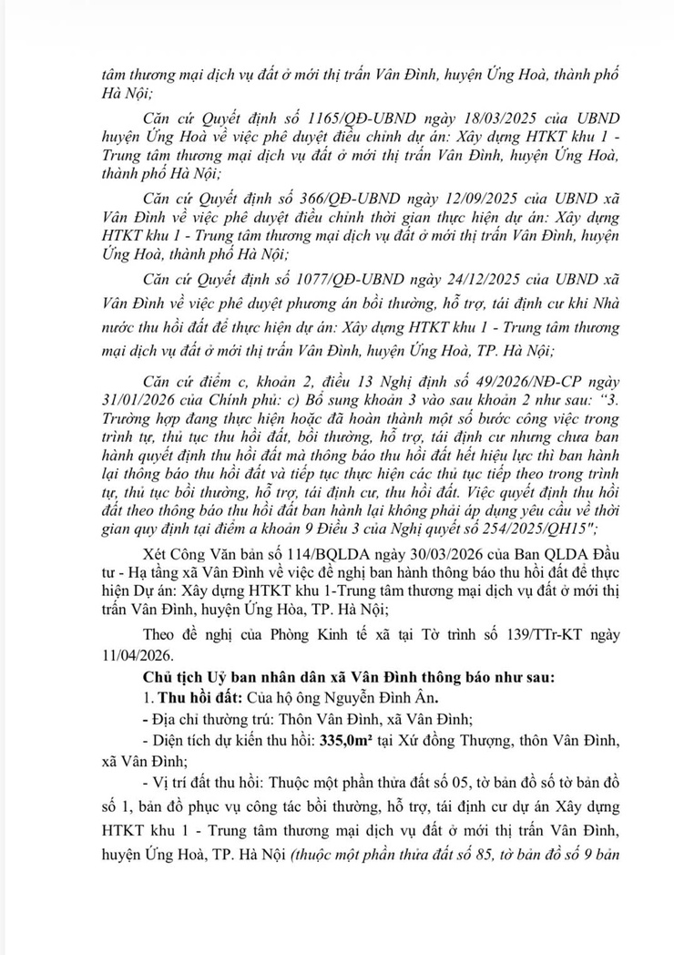 Thông báo thu hồi đất để thực hiện dự án: Xây dựng HTKT khu 1 - Trung tâm thương mại dịch vụ đất ở mới thị trấn Vân Đình, huyện Ứng Hoà, thành phố Hà Nội- Ảnh 2.