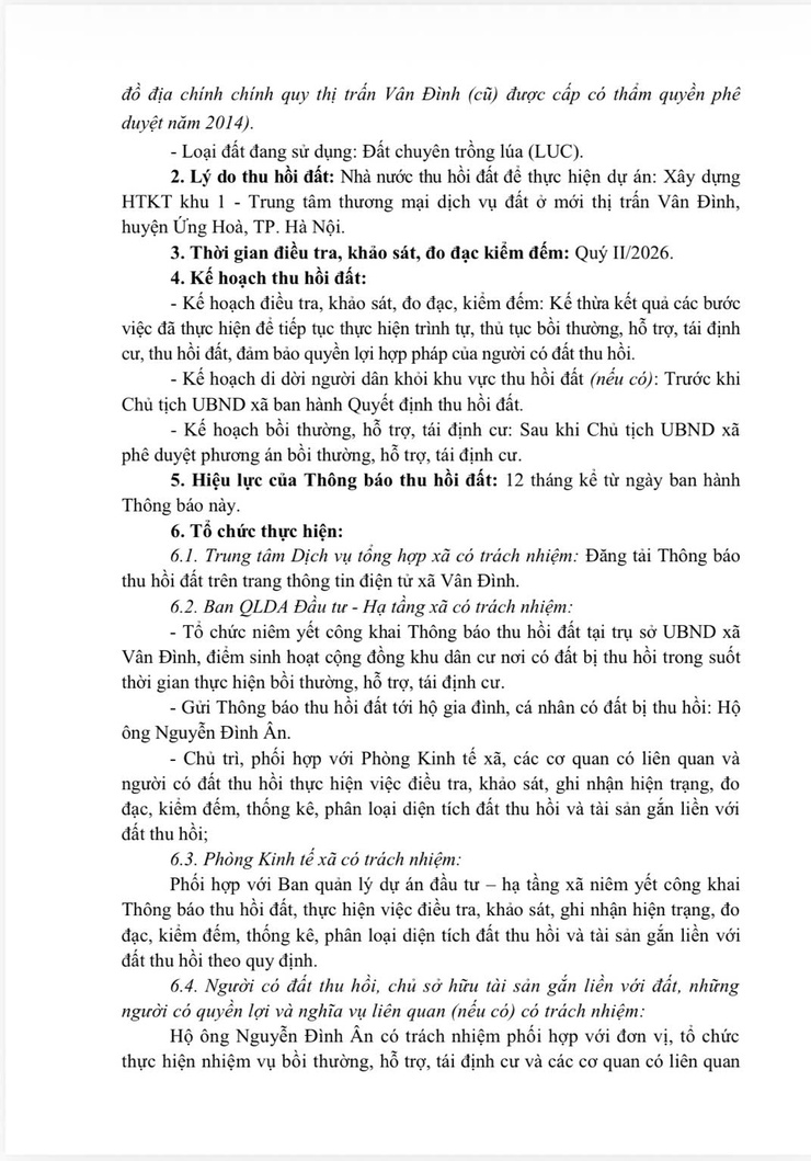 Thông báo thu hồi đất để thực hiện dự án: Xây dựng HTKT khu 1 - Trung tâm thương mại dịch vụ đất ở mới thị trấn Vân Đình, huyện Ứng Hoà, thành phố Hà Nội- Ảnh 3.