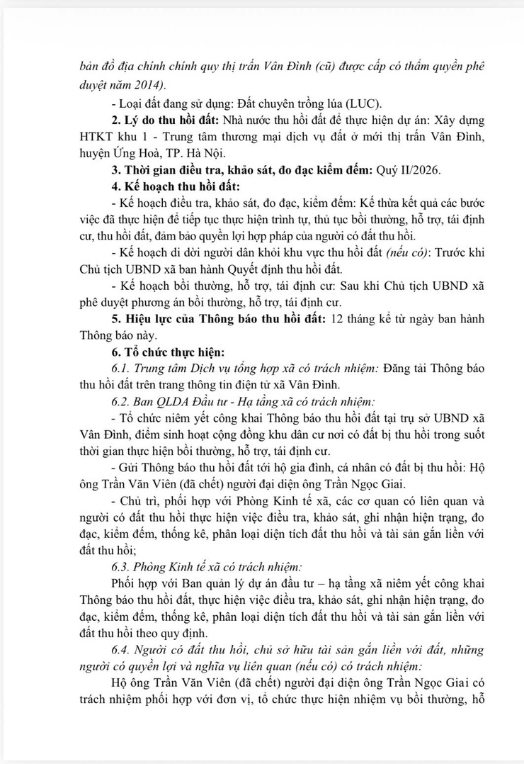 Thông báo thu hồi đất để thực hiện dự án: Xây dựng HTKT khu 1 - Trung tâm thương mại dịch vụ đất ở mới thị trấn Vân Đình, huyện Ứng Hoà, thành phố Hà Nội- Ảnh 3.