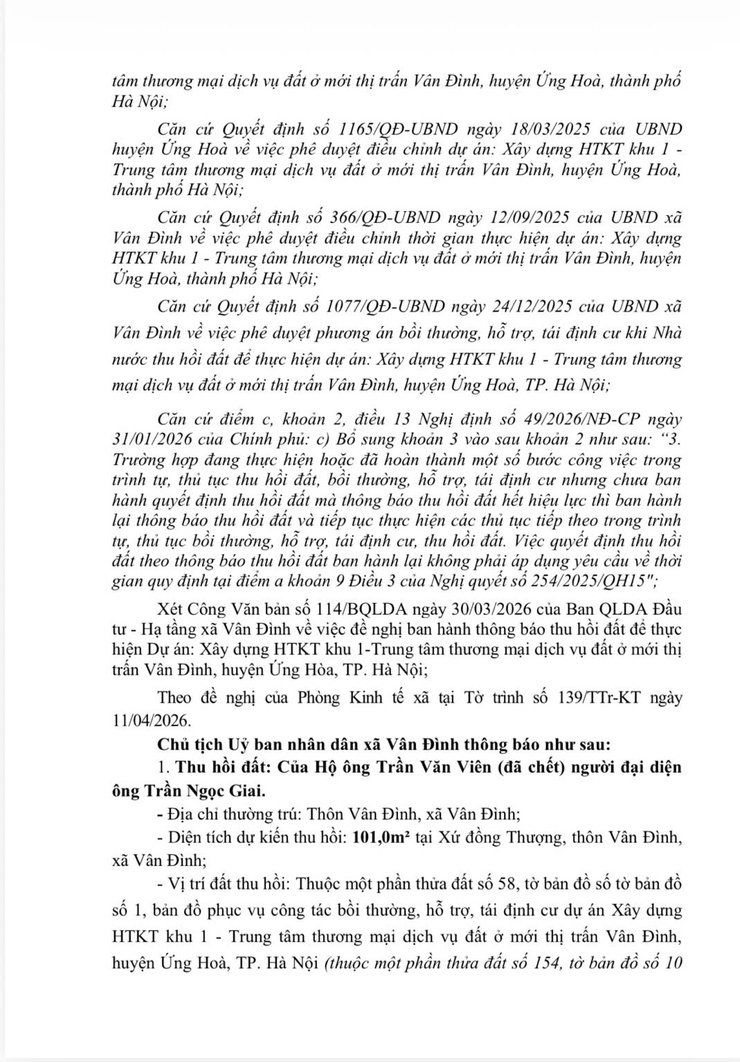 Thông báo thu hồi đất để thực hiện dự án: Xây dựng HTKT khu 1 - Trung tâm thương mại dịch vụ đất ở mới thị trấn Vân Đình, huyện Ứng Hoà, thành phố Hà Nội- Ảnh 2.